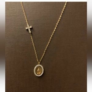 14K yellow gold diamond Saint necklace with asymmetrical diamond cross. NWOT